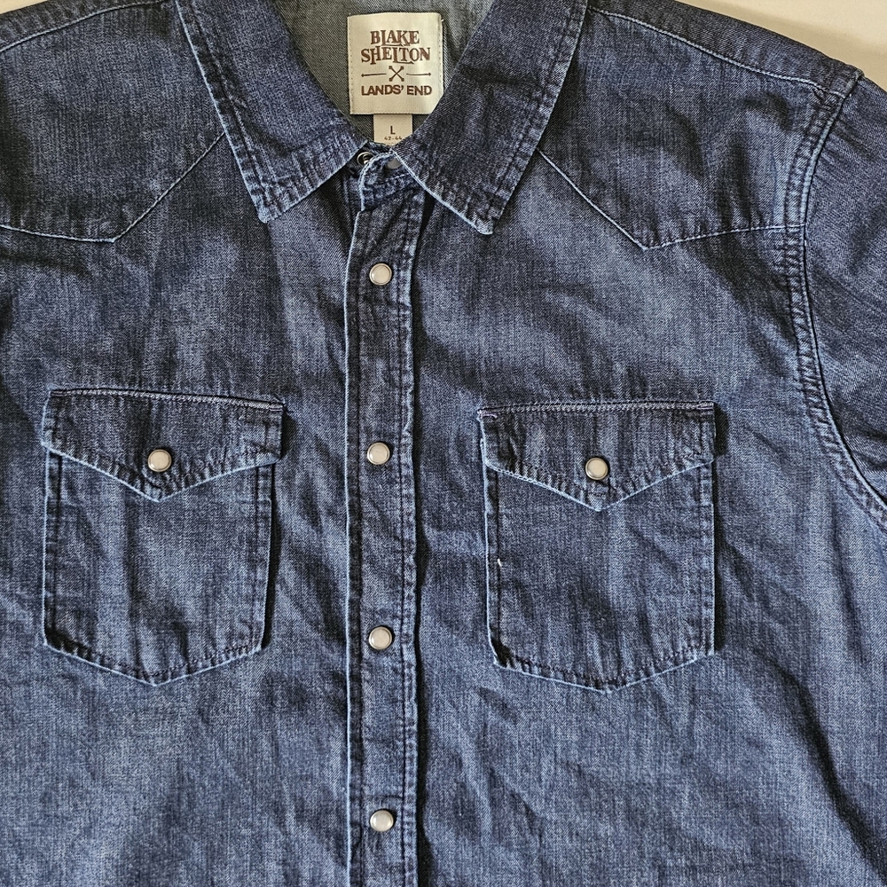 Lands End Blake Shelton Denim Jean Shirt Size L Pearl Snap Front Mens Blue - Picture 4 of 14